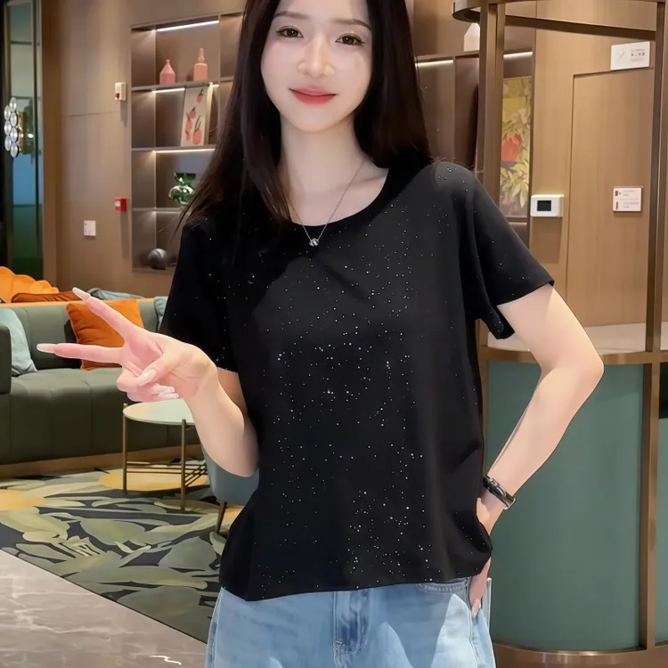 夏季新款凉感螺纹星空短袖女T恤宽松显瘦时尚百搭上衣高级感穿搭商品图