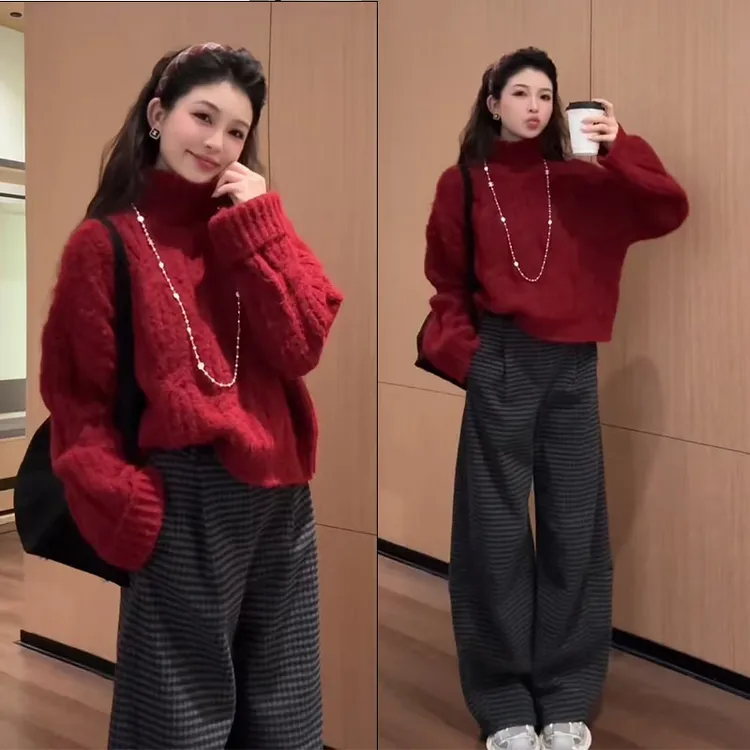 本命年穿搭2025年新款韩系百搭简约针织上衣条纹休闲裤两件套装