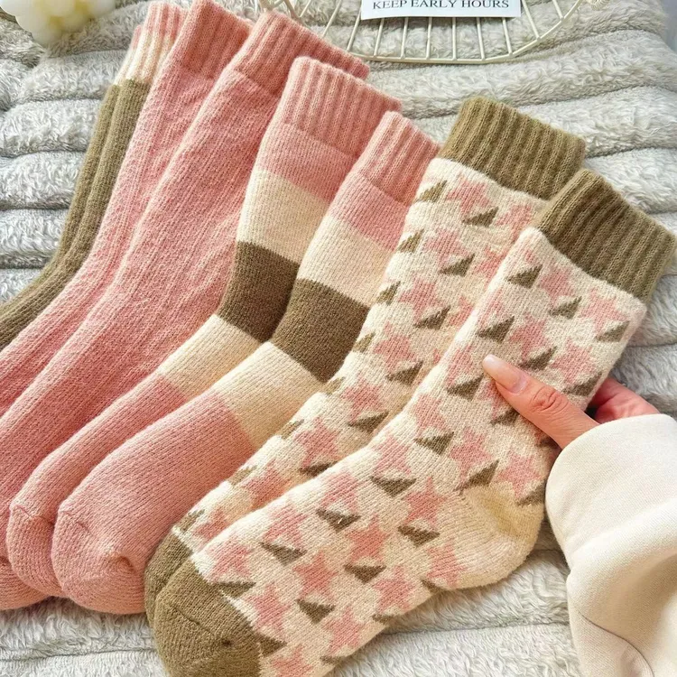 秋冬款毛圈厚袜子女潮款纯色冬天加绒加厚高筒保暖拼接长袜中筒袜