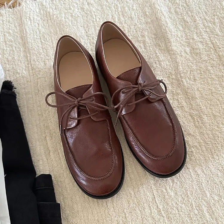 【米兰设计师】秋冬季新款复古英伦风棕色圆头小皮鞋绑带平底深口乐