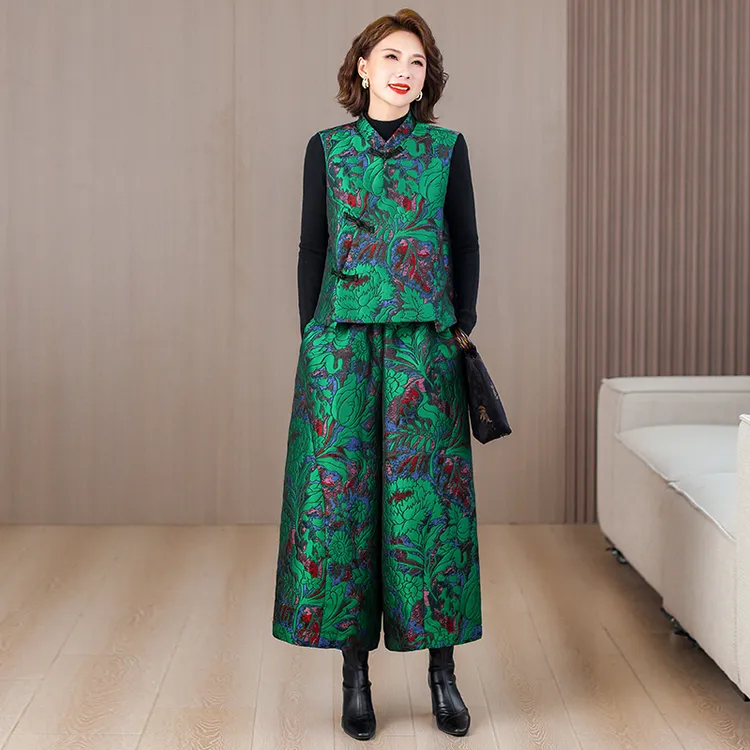 国风提花阔腿裤女春秋冬新款高腰九分花苞裤妈妈直筒休闲灯笼裤子