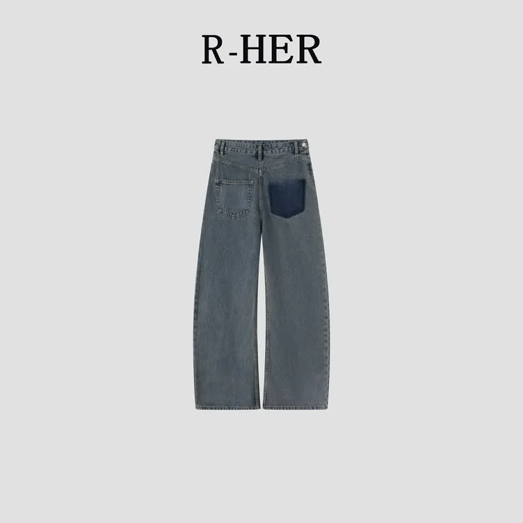 R-HER【双面牛仔】新款百搭直筒高腰牛仔裤薄款多口袋休闲裤宽松