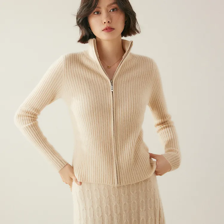 高领双拉链100%纯山羊绒开衫女针织外套修身立领短款秋冬显瘦毛衣