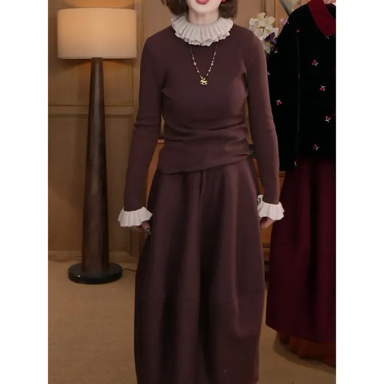 时尚洋气减龄套装女2026春装新款复古纯色套头长袖针织衫+半身裙