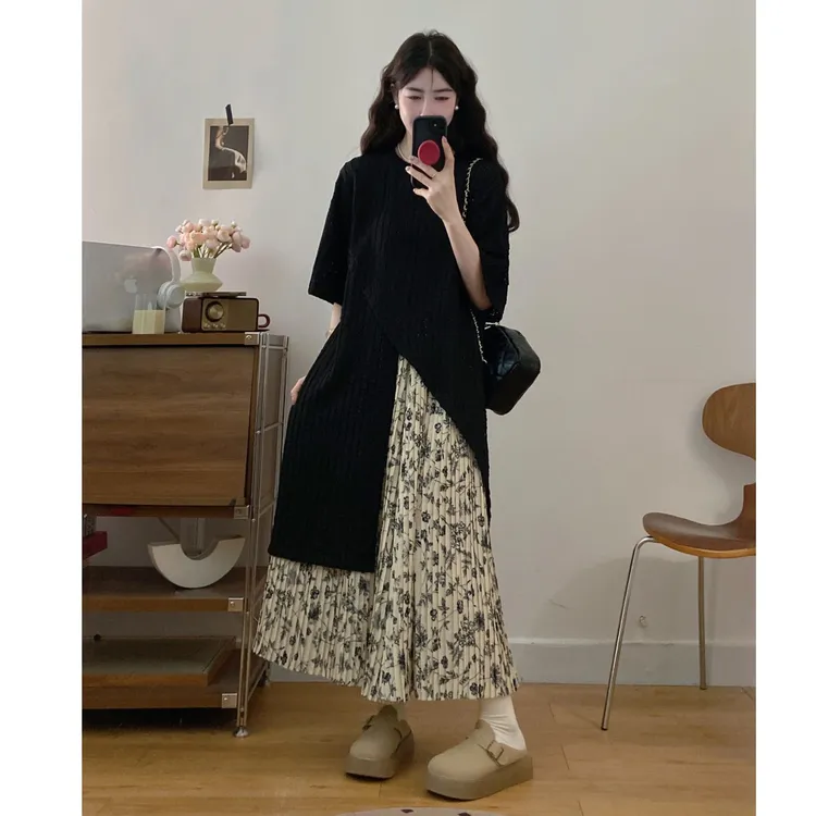 大码女装设计感气质胖mm不规则T恤+压褶阔腿裤两件套