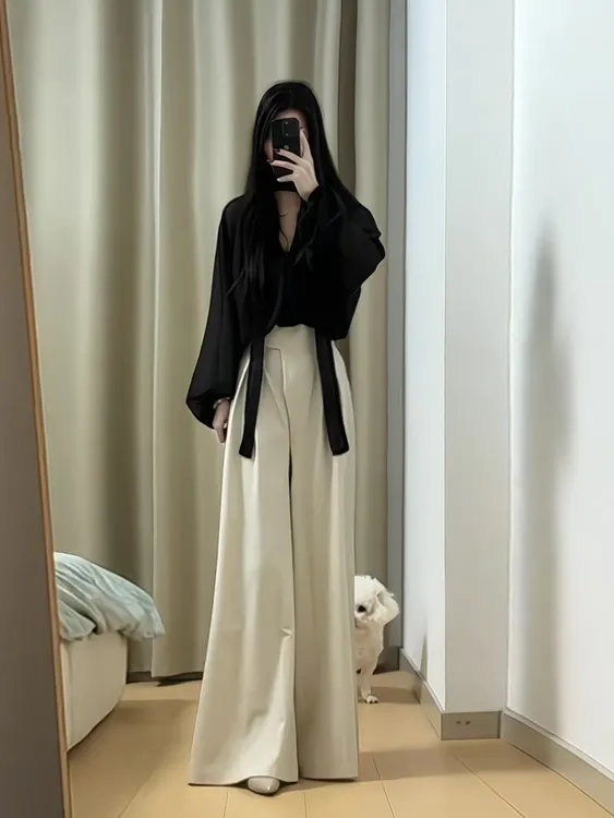 2025秋季搭配一整套法式高级感黑色上衣高腰阔腿裤职业两件套装女