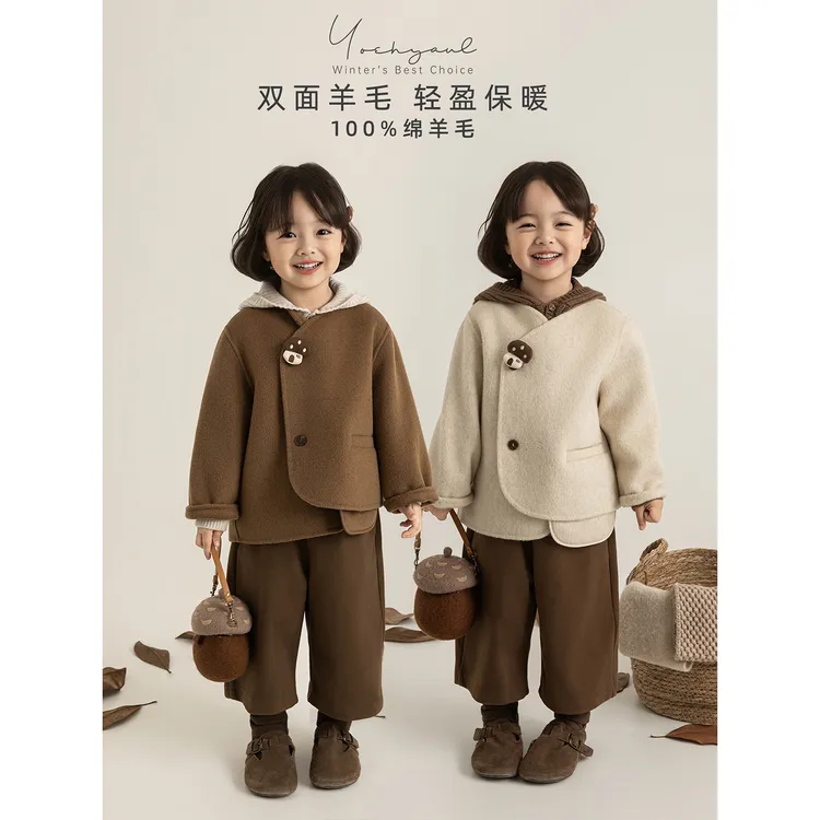 幼悠女童冬装森系复古绵羊毛呢子大衣外套简约童装儿童衣服D4054