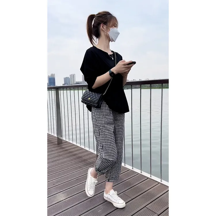 夏装搭配一整套小个子时尚洋气高级感宽松短袖上衣格子休闲裤套装