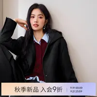 伊芙丽印花内里连帽菱形格绗缝90鸭绒轻薄羽绒服25冬新1G9980141