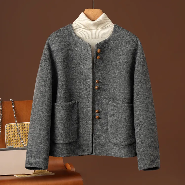 秋冬新款双面羊毛大衣女短款豆豆扣小香风小个子百搭纯羊毛呢外套