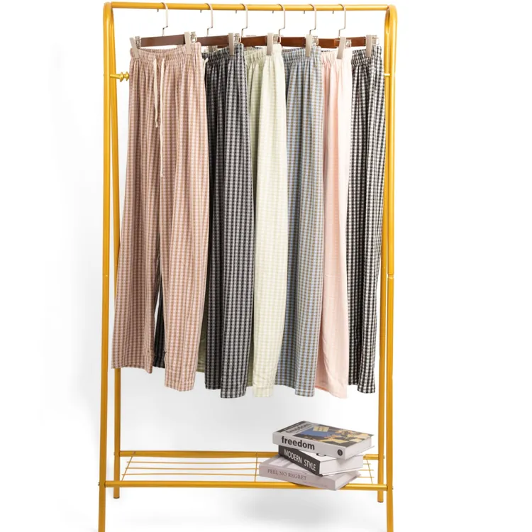 B1102米粒格家居裤糯米裤休闲睡裤宽松直筒弹力大带抽绳