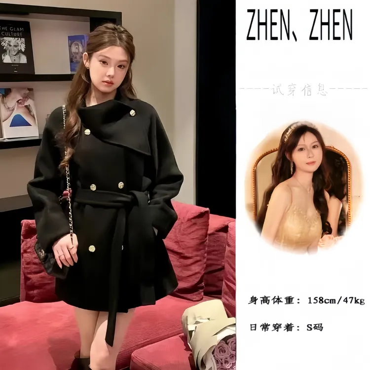 【千金女主】冬季爆款显瘦围脖领系带白色呢子短款大衣毛呢外套新款