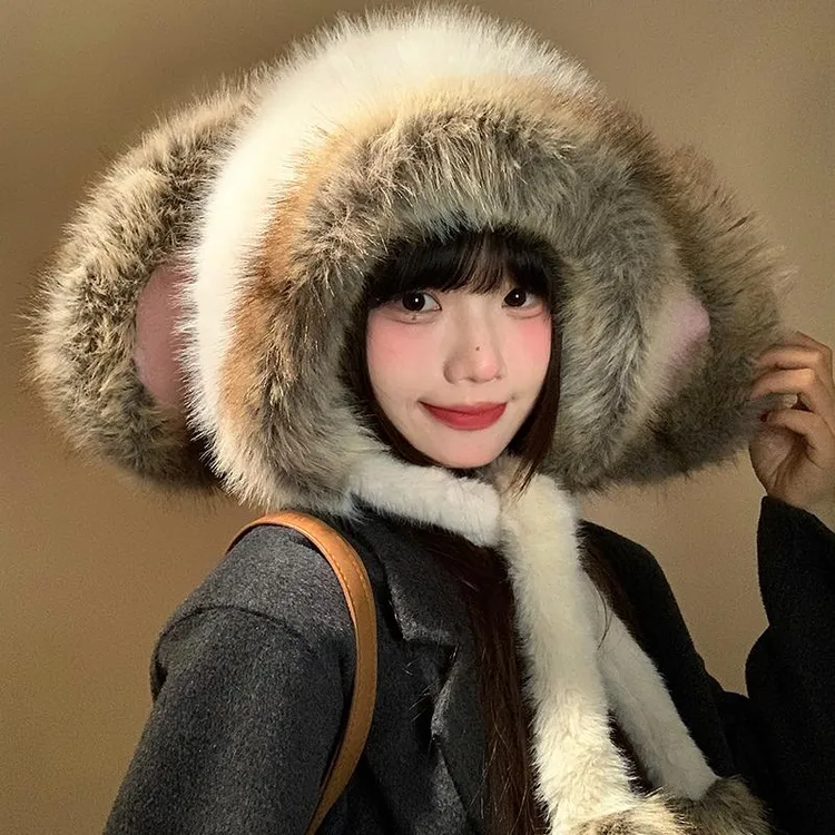 可爱兔子耳朵毛绒帽女冬天韩系显脸小保暖加厚防寒护耳雷锋帽子