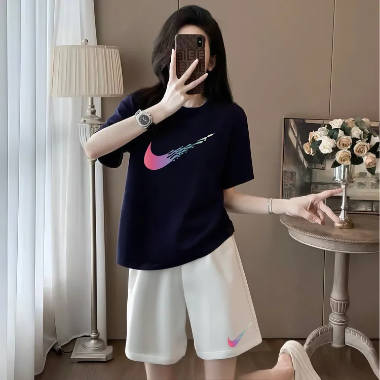旗舰店奥特莱斯官方正品藏青色套装短裤夏季宽松显瘦两件套咏颖