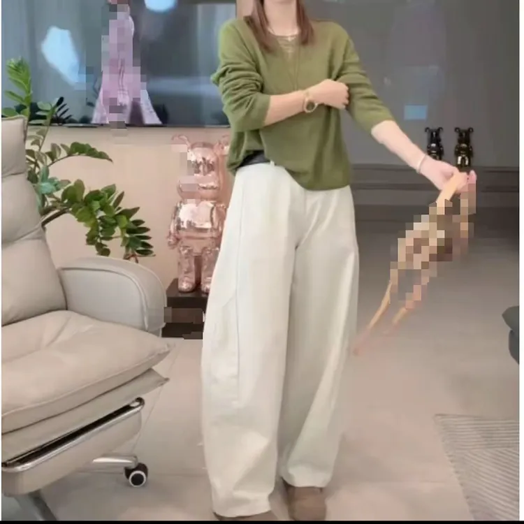 新款百搭显瘦杏色阔腿牛仔裤气质百搭大码女装