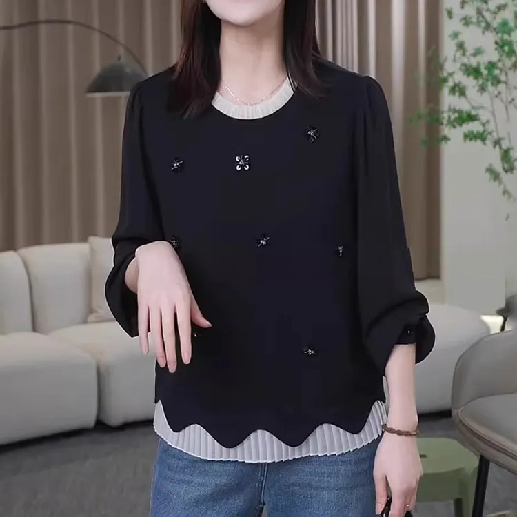 小香风钉珠假两件长袖衬衫女秋季新款胖MM大码女装显瘦高级感上衣