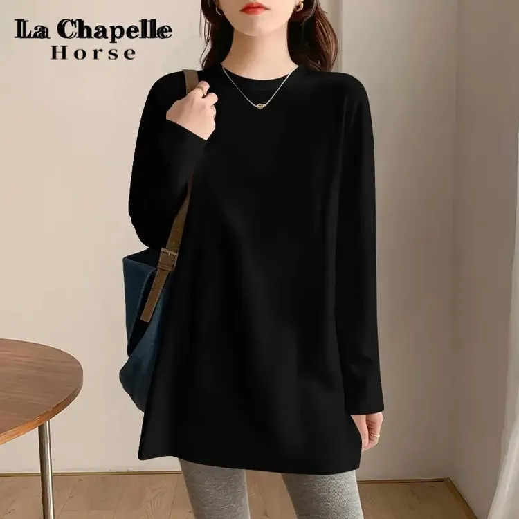 拉夏贝尔圆领黑色长袖T恤女春秋德绒中长款遮屁股打底衫内搭上衣