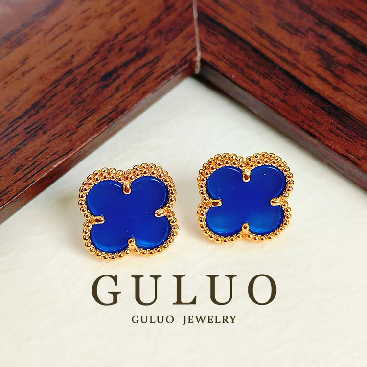 合金耳饰 GULUO蓝色四叶花耳钉