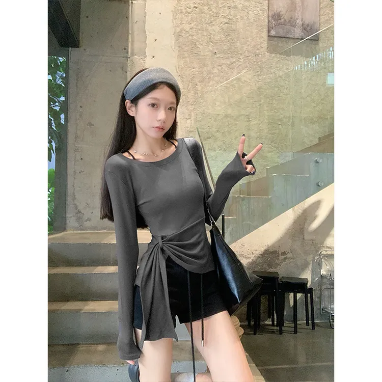 设计感不规则长袖T恤女2025秋季新款时尚辣妹风别致修身显瘦上衣