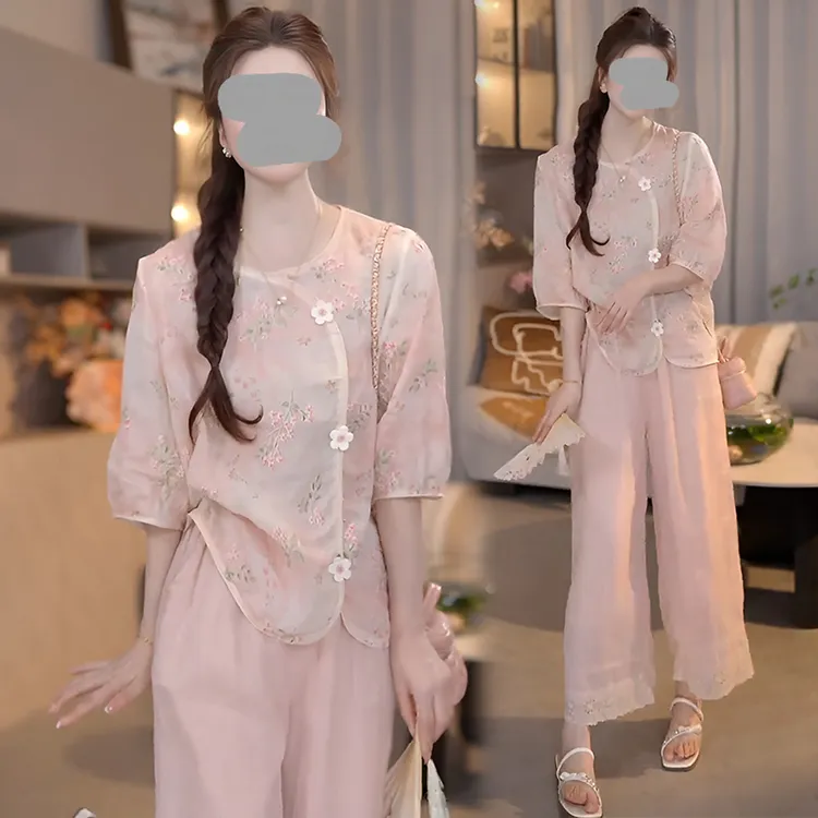 2026夏季新款中式复古圆领斜襟立体花朵碎花五分袖套头小衫女上衣