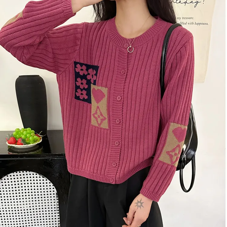 【正品现货】爱心提花圆领针织春季女士休闲复古宽松百搭长袖外套