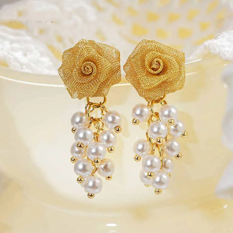 铜合金耳饰 金色网纱玫瑰花珠珠流苏耳环女高级感气质显脸瘦耳饰