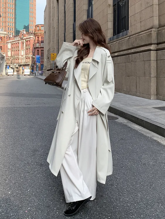 高级感白色长款风衣外套女2025秋季新款英伦风经典大气收腰大衣潮