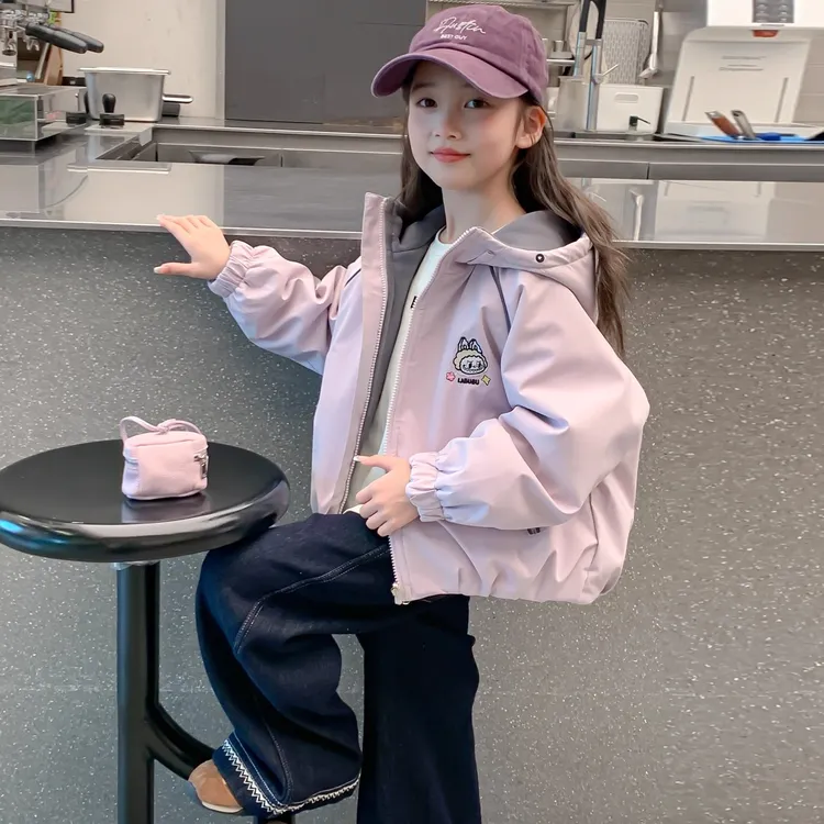 女童秋装外套2025新款儿童女孩秋冬季两面穿加绒加厚连帽卡通上衣
