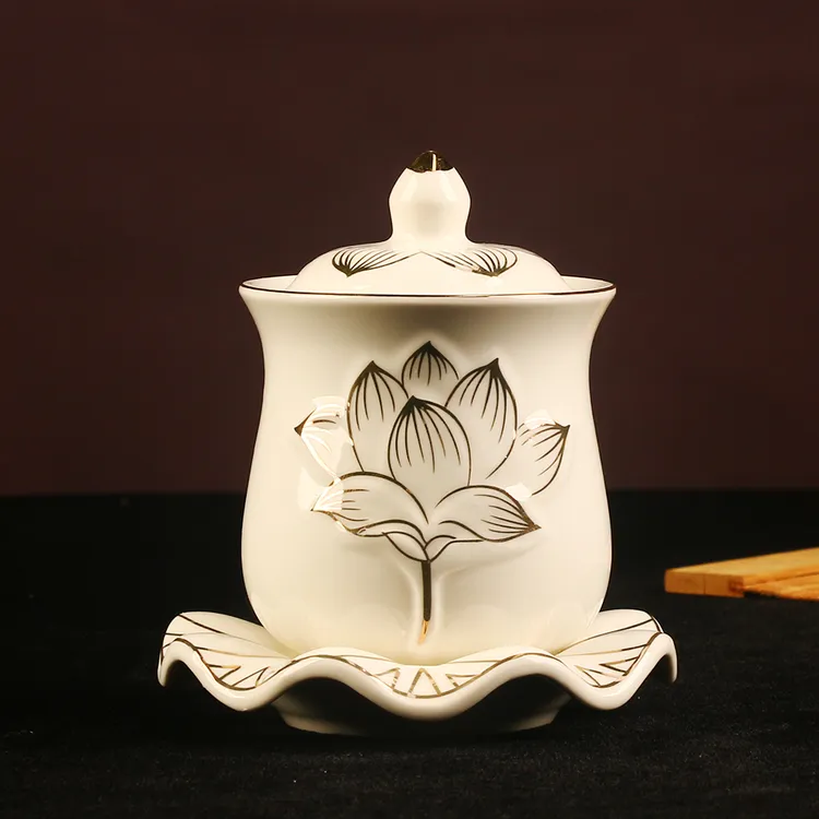 莲花造型陶瓷大悲圣水杯描金设计供佛供奉用品净水杯