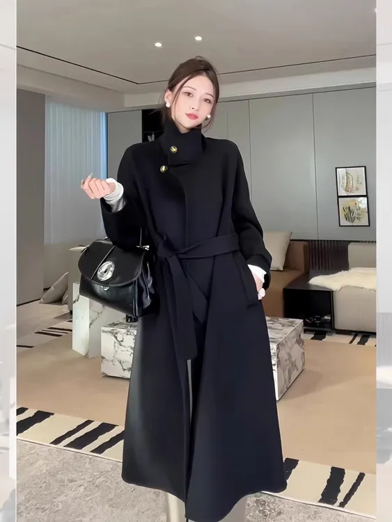 长款双面绒呢大衣2025年新款韩系仿狐狸毛系带秋冬季毛呢外套风衣