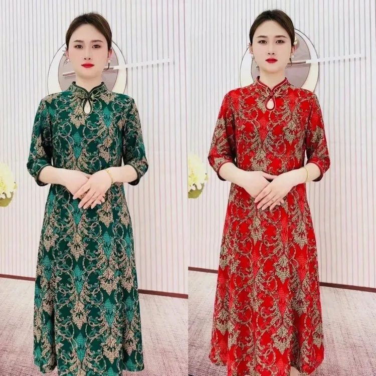妈妈夏季中袖改良旗袍连衣裙女2025新款中老年复古国风碎花长裙子