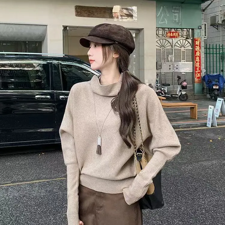 韩系气质百搭高领蝙蝠袖针织衫女2025新款秋通勤收腰显瘦打底上衣