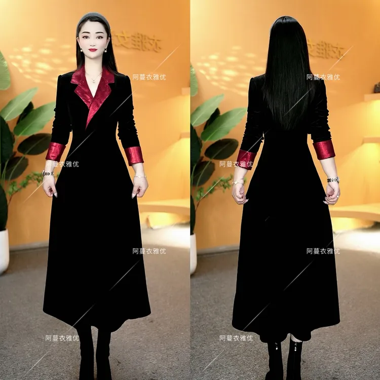 【衣雅严选】8105-1377#新款重磅植绒拼接翻领时尚款气质款连衣裙