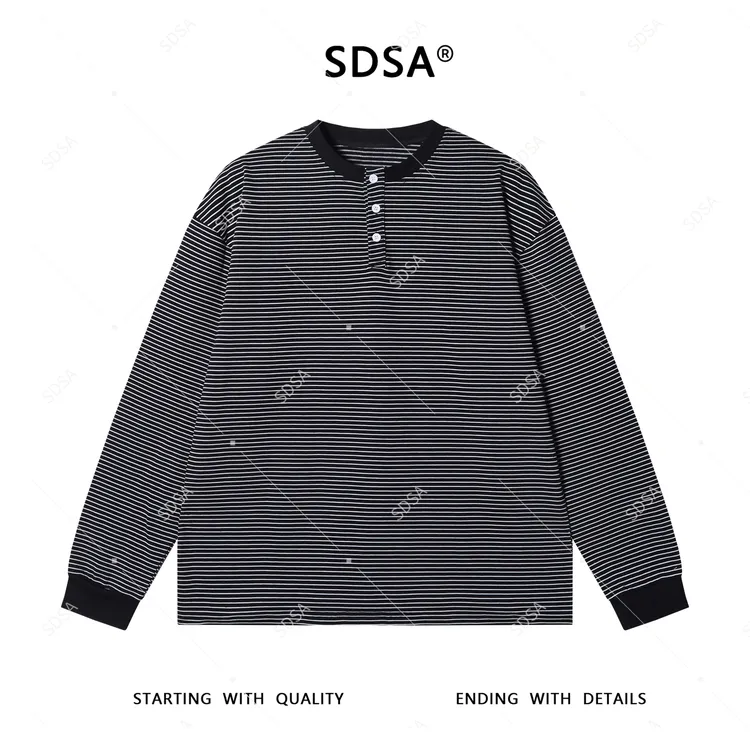 SDSA男士秋冬新款轻奢痞帅男装半纽扣圆领撞色条纹长袖T恤网红款