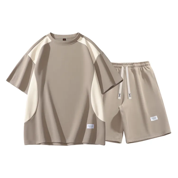 夏季黑色运动服套装拼接运动套装运动套装休闲男拼色宽松男式百搭