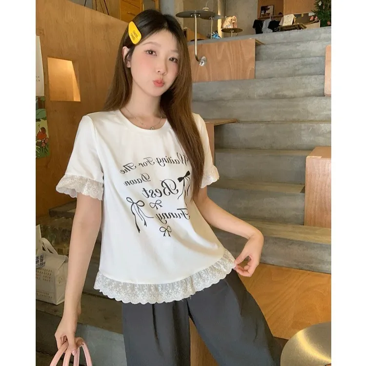 2025夏装新款减龄字母印花短袖T恤女大码胖mm设计感蕾丝花边上衣