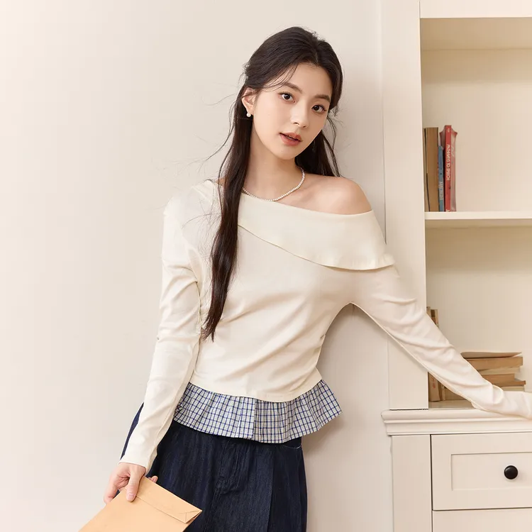 茵曼气质长袖T恤女生早秋新款韩版潮流露肩设计显瘦修身洋气内搭