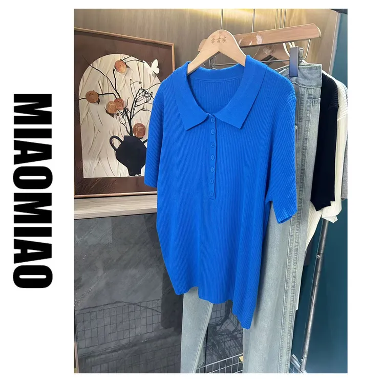 2025夏季新款大码胖mmPOLO领纯色针织衫套头宽松显瘦上衣女#2523