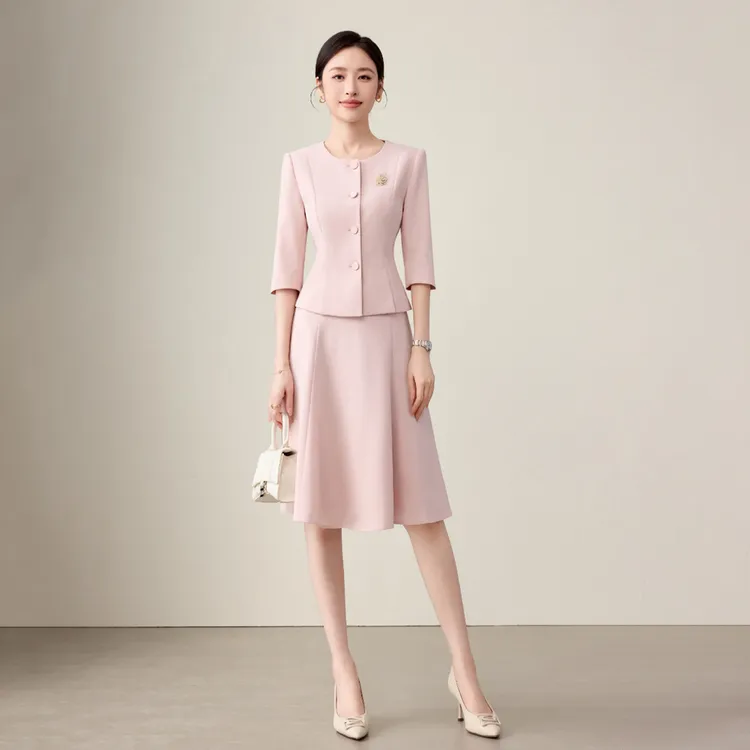 钟老板 高级感粉色西装套装2025新款职业装气质女神范伞裙两件套