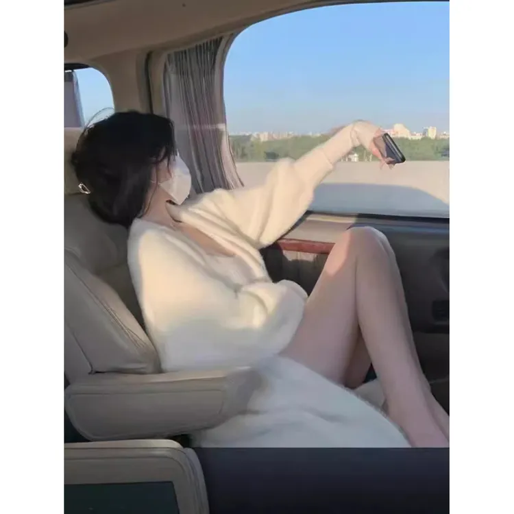 YUNSHU慵懒风中长款过膝仿水貂绒毛衣外套女秋冬宽松针织开衫大衣
