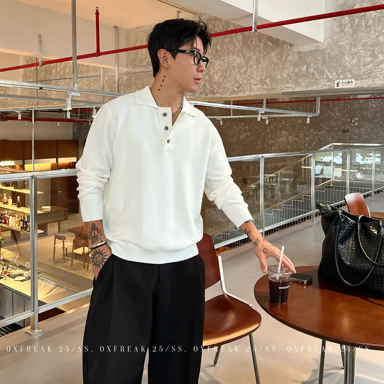 OXFREAK「高智感通勤系列」拼接针织亨利领毛衣男秋冬翻领针织衫