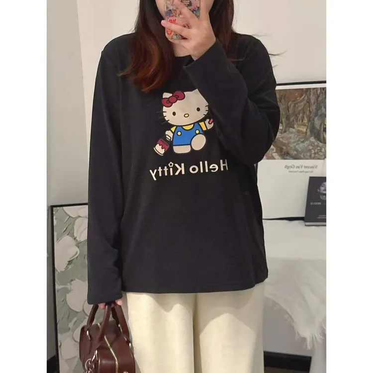 【咔咔】小画家kitty-极简风印花常规圆领T恤秋季秋冬套头卡通K0476