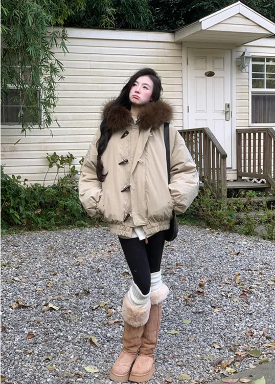 美式复古大毛领棉服女2025年冬季新款加厚休闲保暖牛角扣连帽外套