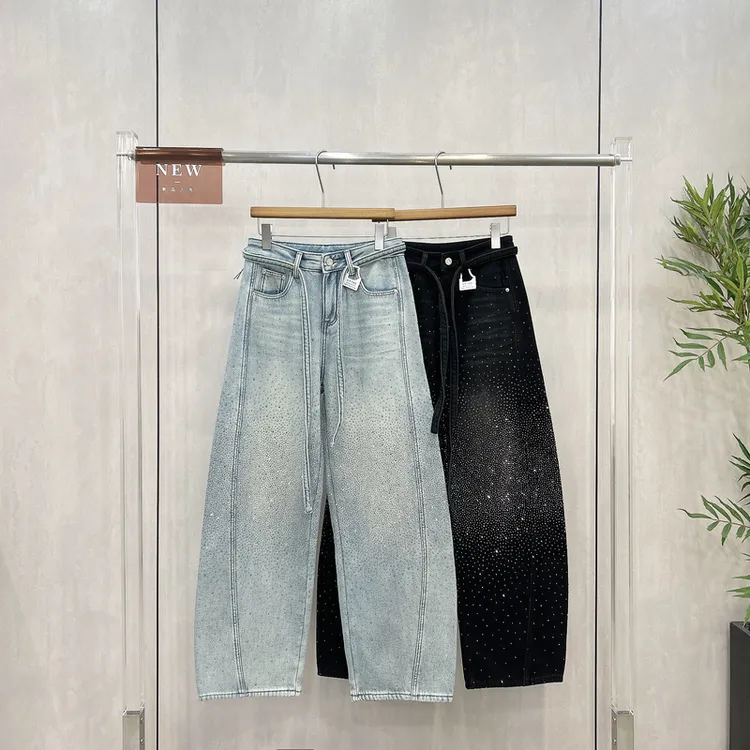 欧货冬季高腰烫钻亮闪弯刀加绒牛仔裤女加厚时尚休闲直筒长裤6313