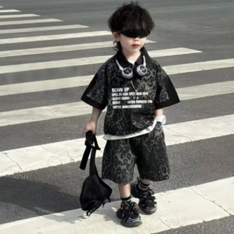 2025夏套装豹点衬衫短袖短裤韩版男童新款洋气潮酷