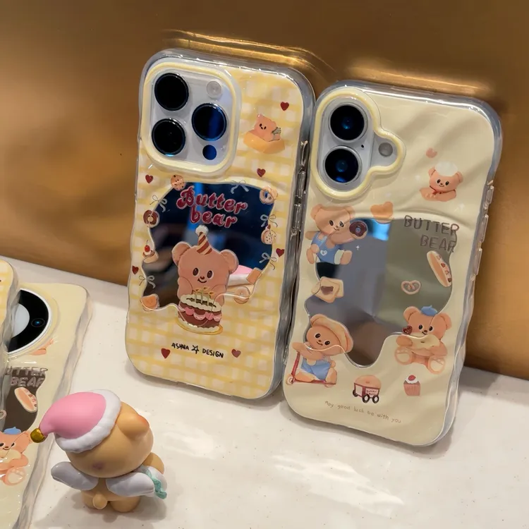 格纹蛋糕黄油熊适用苹果17pro手机壳iPhone16华为14/13/12/11大孔