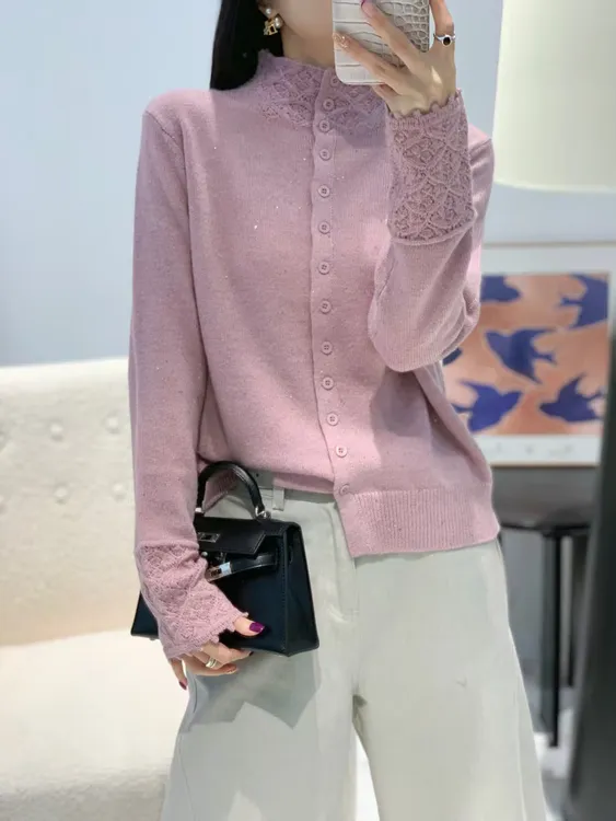 精致百搭 手工钩花开衫半高领珠片 韩系轻熟风 上衣针织秋冬