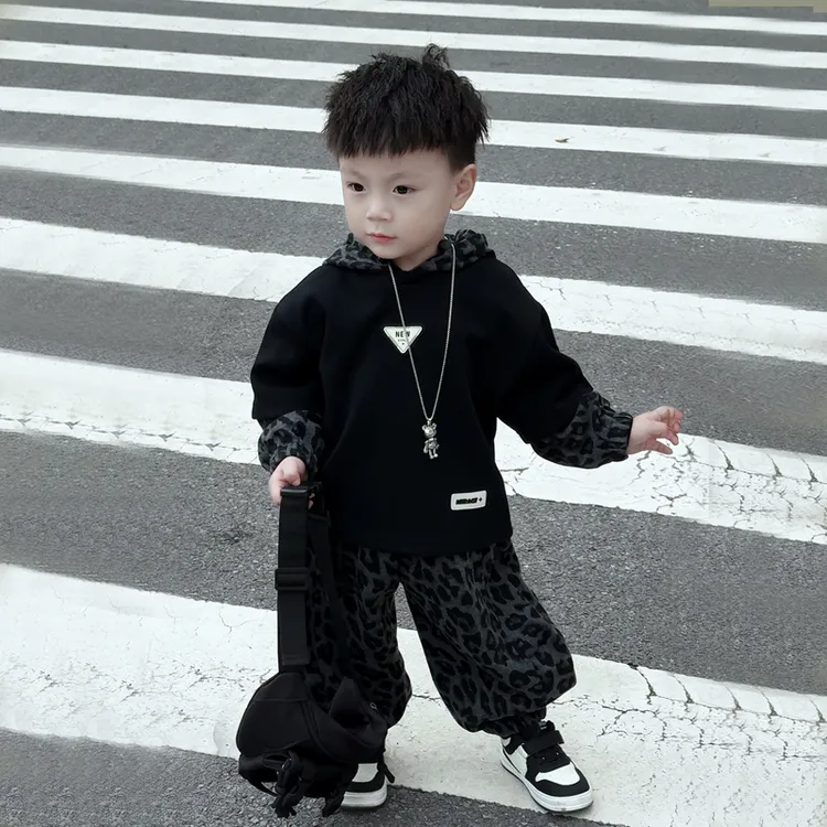 男童秋装卫衣套装2025春秋季新款儿童韩系洋气衣服豹纹长裤两件套
