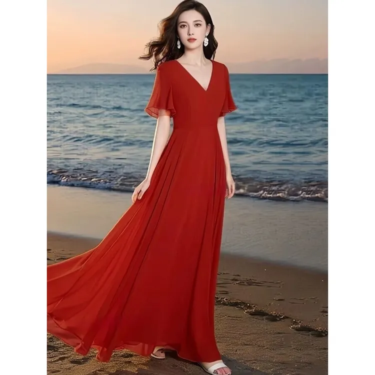 红色真丝连衣裙2025新款夏装长款修身显瘦仙女气质沙滩大摆长裙子
