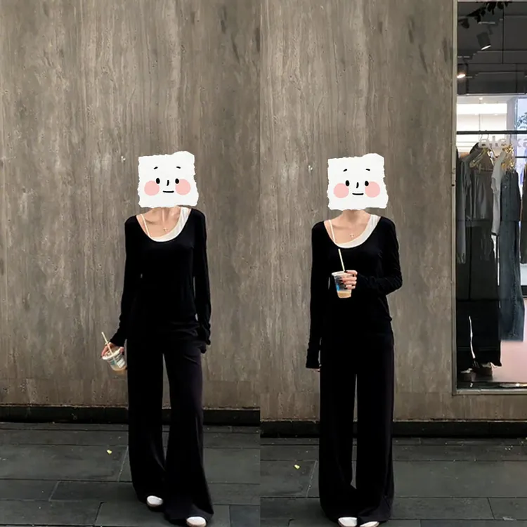 2025秋季新款设计感一整套慵懒风正肩长袖上衣女阔腿休闲裤两件套